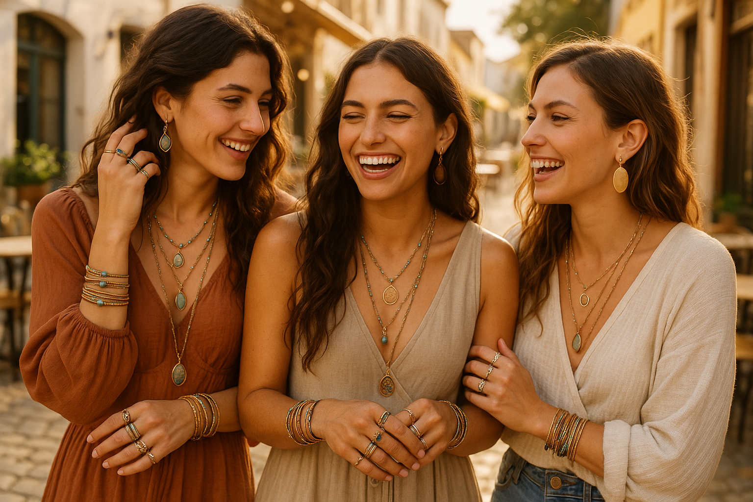 3 girls hanging out on the street wearing jewelries,  near a cafe shop. Sunshine day. Boho style, leisure and jaunty vibe. Jewelries are the focus. they all wear necklaces, rings, bracelets, and earrings. 